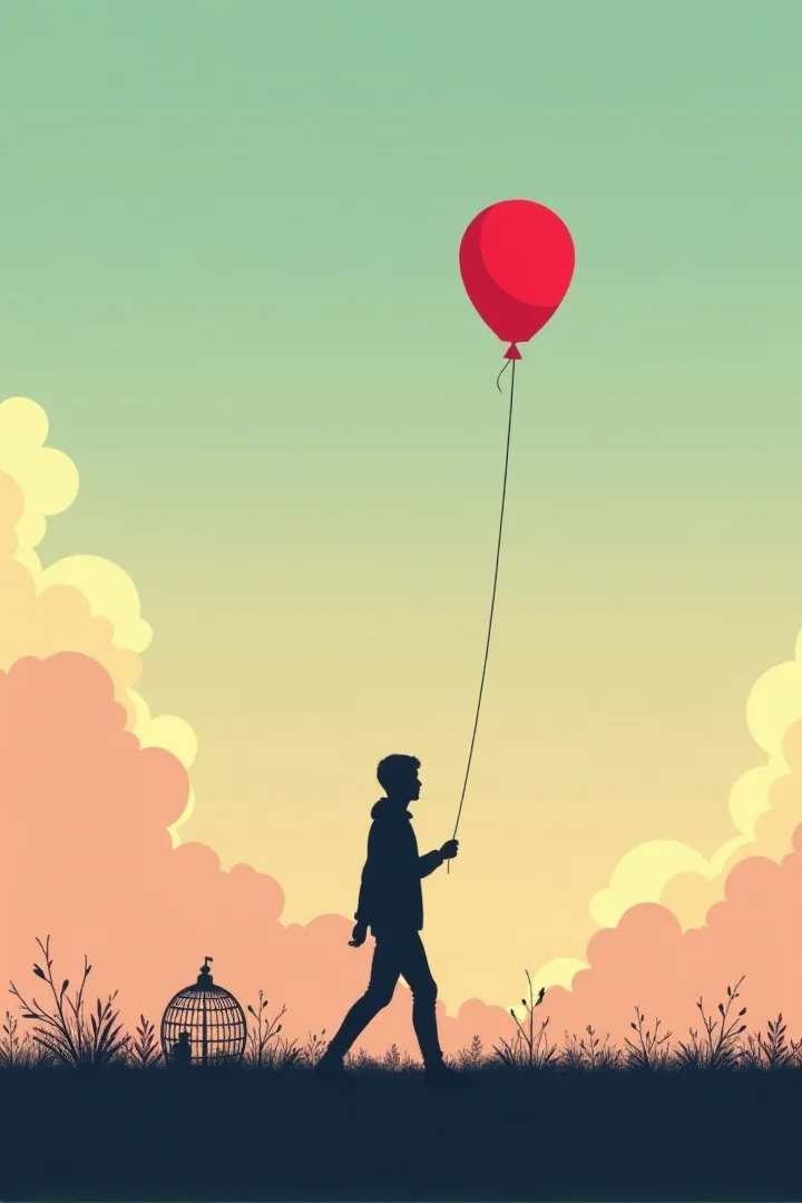 A silhouette of a person walking away from a birdcage, holding a string attached to a single red balloon, against a pastel sky with clouds, minimalist style, vector illustration -- The Price of Freedom
aidmafluxpro1.1,Fantasy detailersâââ