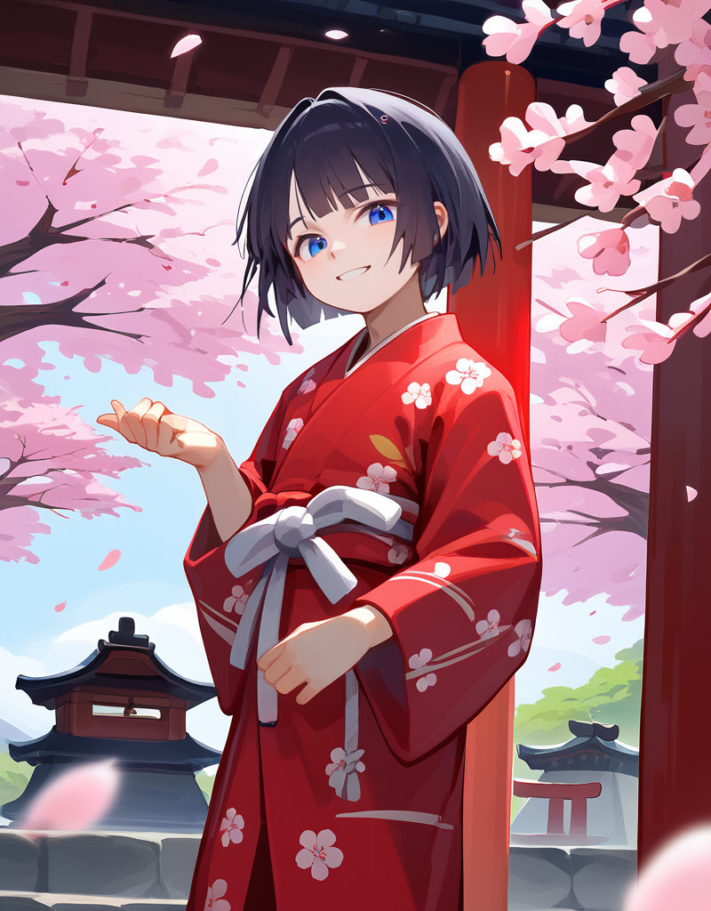 zPDXL2,  <lora:YadokugaeruV1:1>, yad0kug4eru, yadokugaeru, 
1boy, long black hair, smiling, looking at the viewer, cute face, detailed eyes, blue eyes, red flowery yukata, standing under a cherry blossoms tree, japanese shrine in the background