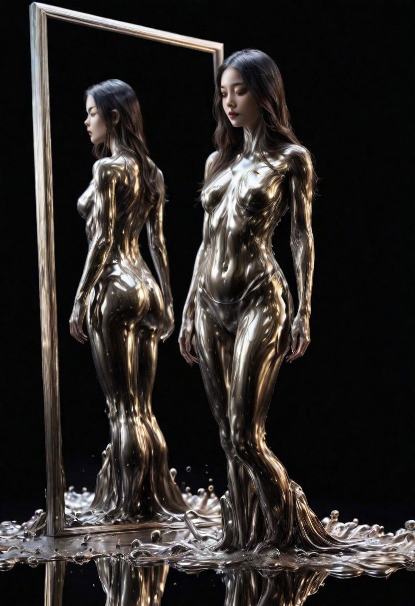 (masterpiece,best quality,ultra-detailed,best illustration:1.3), 1woman, melting, smooth shiny full length metal body, reflection mirror finish, shiny, smooth liquid metal long hair, simple black background