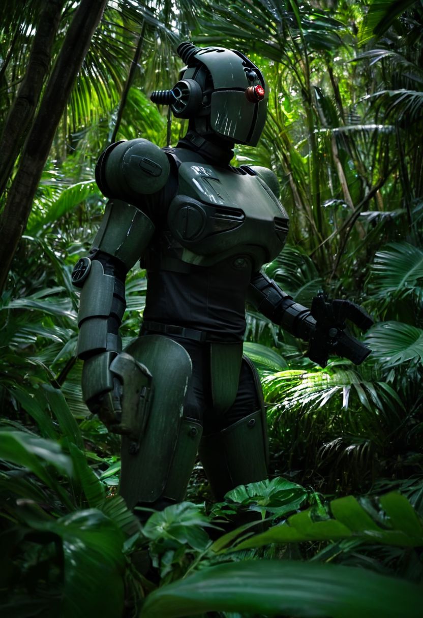 easynegative, extremely detailed, dark, chiaroscuro, low-key, AssaultronCosplay, a green and black tiger striped assaultron robot in the jungles of vietnam