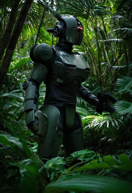 easynegative, extremely detailed, dark, chiaroscuro, low-key, AssaultronCosplay, a green and black tiger striped assaultron robot in the jungles of vietnam