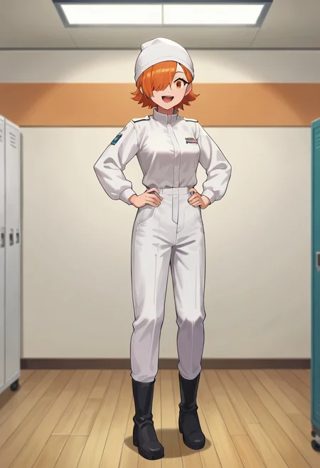 PonyXLV6_Scores,1girl,solo:1.2,source_anime,anime screencap,anime colors,orange hair,orange eyes,short hair, <lora:Reactorworkerpony:0.8>,reactorworker,hat,beanie,jacket,white jacket,white shirt,white pants,boots,happy,:d,full body,hands on hips,indoors,control room,medium breasts,hair over one eye