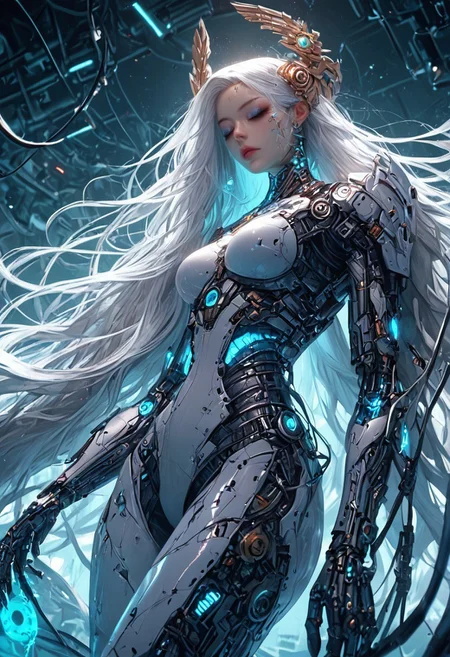 score_9, score_8_up, score_7_up, score_6_up, score_5_up, score_4_up, (divine korean girl, very long white hair, looking down from a rooftop, futuristic, scifi bodysuit, glossy, delicate frame, angelic appearance, legs, armor, cyborg, deus ex human revolution, perfect body, silver and blue glow, low angle:1.2), distantfuture, mythp0rt