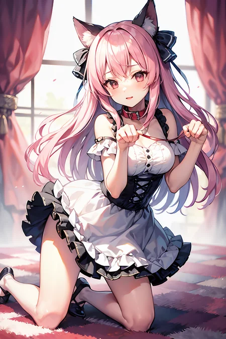 (masterpiece, best quality), 1girl,  pink hair, frilled dress,  <lora:pet_play_v2:1> all fours, collar, leash,  leg up, paw pose, , paw pose, spread legs,