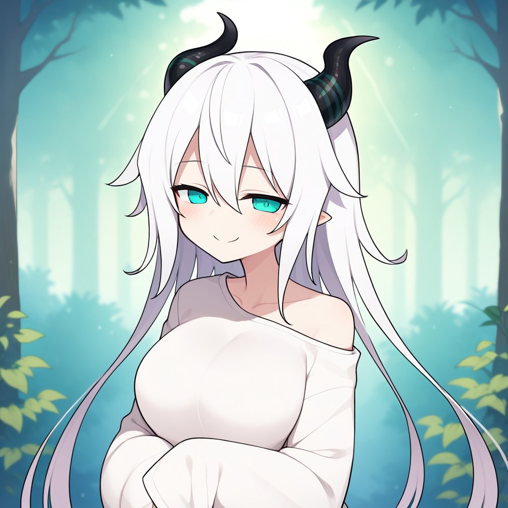 Outdoors, forest background, sunlight, hands pointing to sun, chilling expression, half open eyes, smile, looking at viewer, simple background, upper body, tall woman, back view,
score_9, score_8_up, score_7_up, satured, 1girl, detailed, full color, Demon Lord Silgos, Black horns, Symbols and marks on body, Turquoise eyes, white sweater