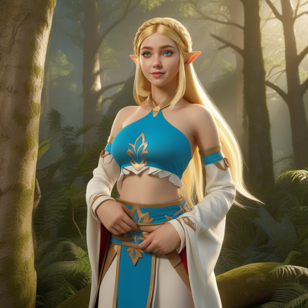 professional 3d model 1girl,  pointy ears, blue eyes, long blond hair, detached sleeves, navel, magic forest <lora:Zelda1024:0.7> . octane render, highly detailed, volumetric, dramatic lighting