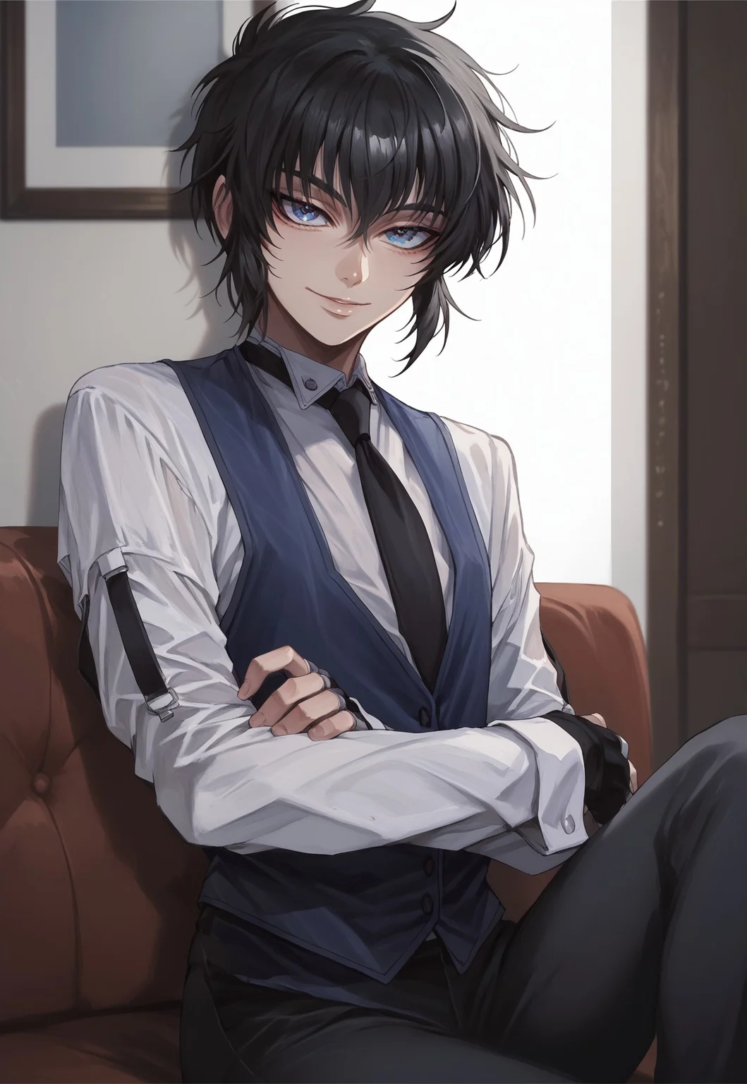 score_9, score_8_up, score_7_up, walter.c.xl11, solo, 1boy, blue eyes, black hair, short hair, white shirt,long sleeves, black necktie, blue vest, fingerless black gloves, black pants, sitting,