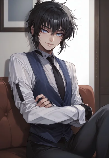 score_9, score_8_up, score_7_up,   walter.c.xl11, solo, 1boy, blue eyes, black hair, short hair, white shirt,long sleeves, black necktie, blue vest, fingerless black gloves, black pants, sitting,