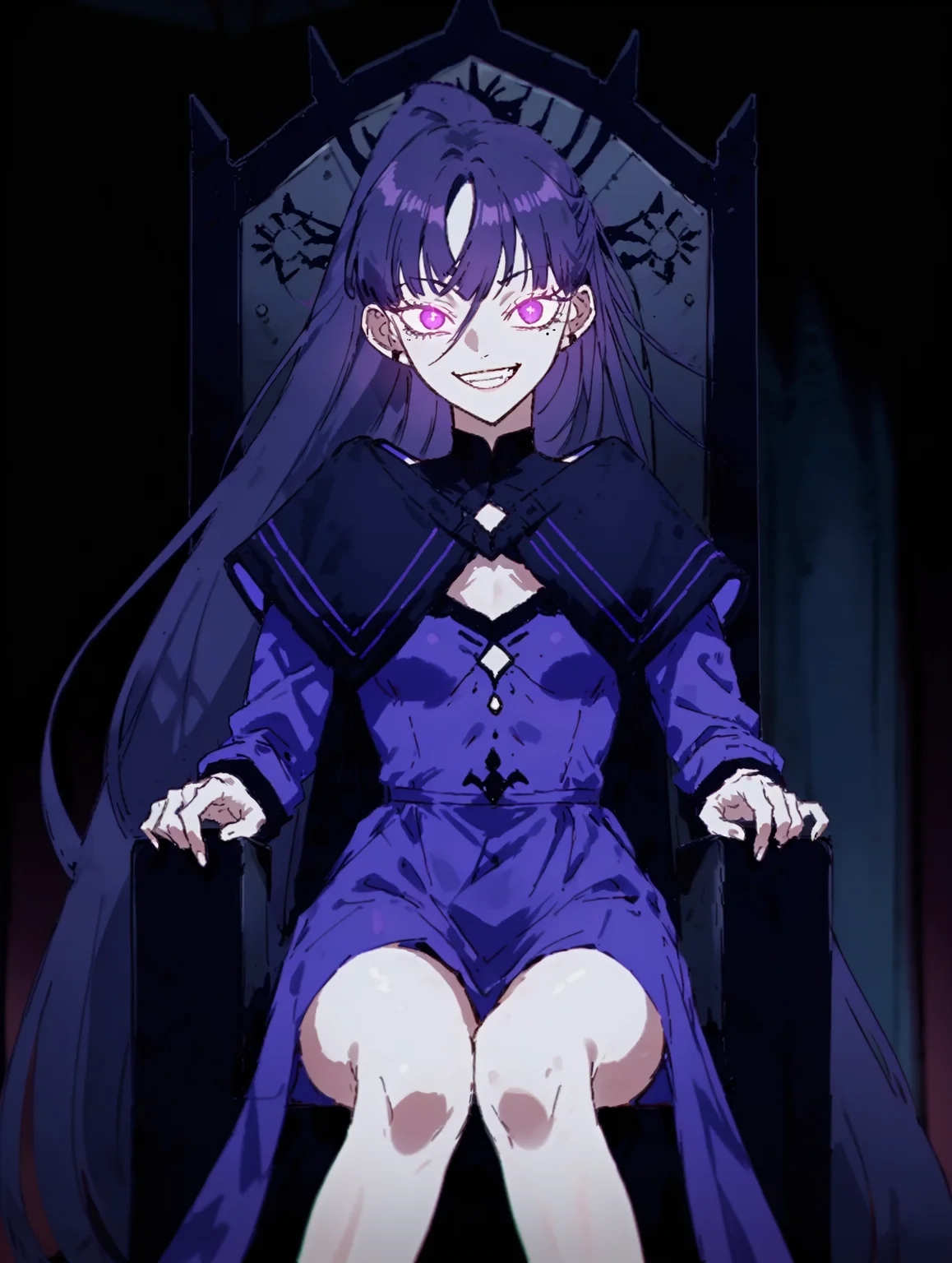 score_9, score_8_up, score_7_up,
<lora:Ado_Usseewa_Style_Pony:1> usseewastyle,sketch,
<lora:Medea_Solon__Your_Throne__Manhwa:0.4> MedeaSolon, purple eyes, purple hair, mole under eye, long hair,
purple dress, evil smile, glowing eyes,
sitting on throne, throne room,