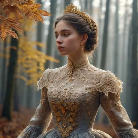 epiCRealism, masterpiece, highly detailed, one girl in a extremely detailed Victorian dress, lace and embroidery with golden leaves and pearls, hair made in a high bun, she walks alone through a late autumn forest in a cold morning, the Sun has just risen and timid sun-rays pierce the autumn leafs and reaches the early mist that clings to the earth, time stands still while early snowflakes falls from a grey sky