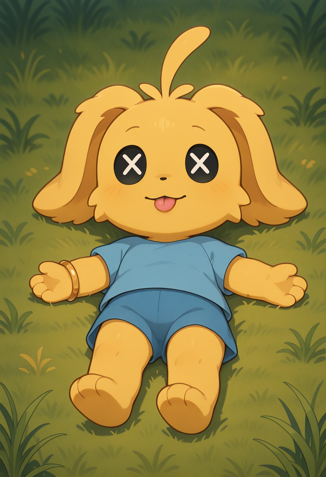 masterpiece, best quality, very aesthetic, newest, thronglet, furry, solo, yellow fur, blue shirt, blue shorts, lying on back, x eyes, tongue out, grass