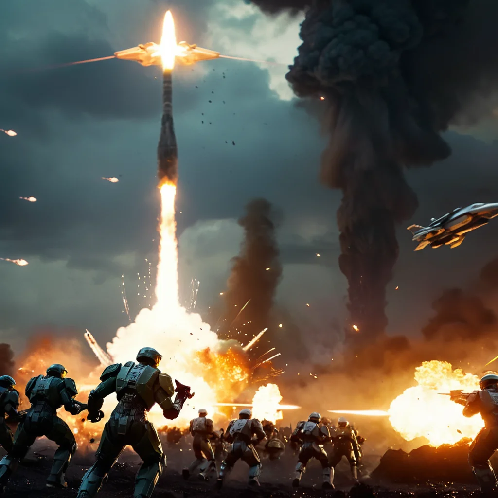 cinematic film still of <lora:add-detail-xl:1>0
<lora:detailed:0.3>
<lora:perfection style:0.3>
<lora:xl_more_art-full_v1:0.3>
<lora:halo style:0.9>
a painting of a battle scene with a giant tower,weapon,no humans,fire,robot,scenery,science fiction,aircraft,battle,explosion,firing,laser , cinematic, filmic, dramatic light, sci fi, action themed, futuristic, halo style, shallow depth of field, vignette, highly detailed, high budget, bokeh, cinemascope, moody, epic, gorgeous, film grain, grainy