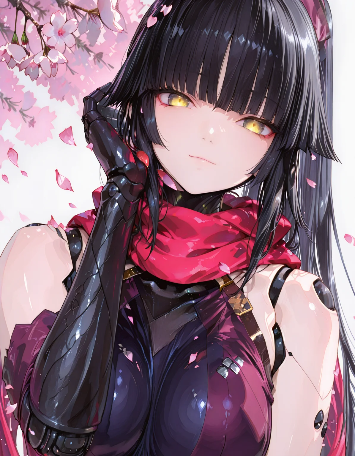1girl, solo, black hair, long hair, hime cut, yellow eyes, robot joints, humanoid robot, mechanical arms, scarf, leotard, bare shoulders, ponytail, ribbon, chaps,
breasts, falling_petals, petals, cherry_blossoms, looking_at_viewer, light_smile, adjusting_hair, upper_body, close-up, unholy-aesthetic,masterpiece,best quality,amazing quality,very aesthetic,absurdres,ultra detailed face,ultra detailed eyes,