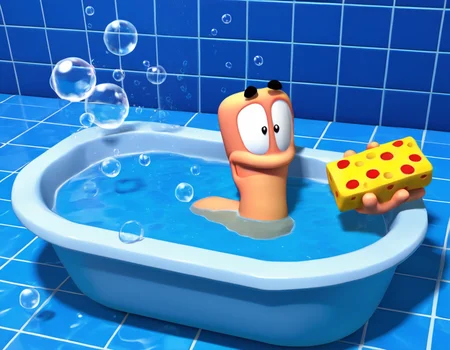 wormsteam17, wormrender, worm, 1worm, solo, no humans, floating black rounded eyebrows, bath tub, bubble bath, wet worm inside bath tub, holding big sponge, simple blue tiled interior background, bubbles on water surface, 3d