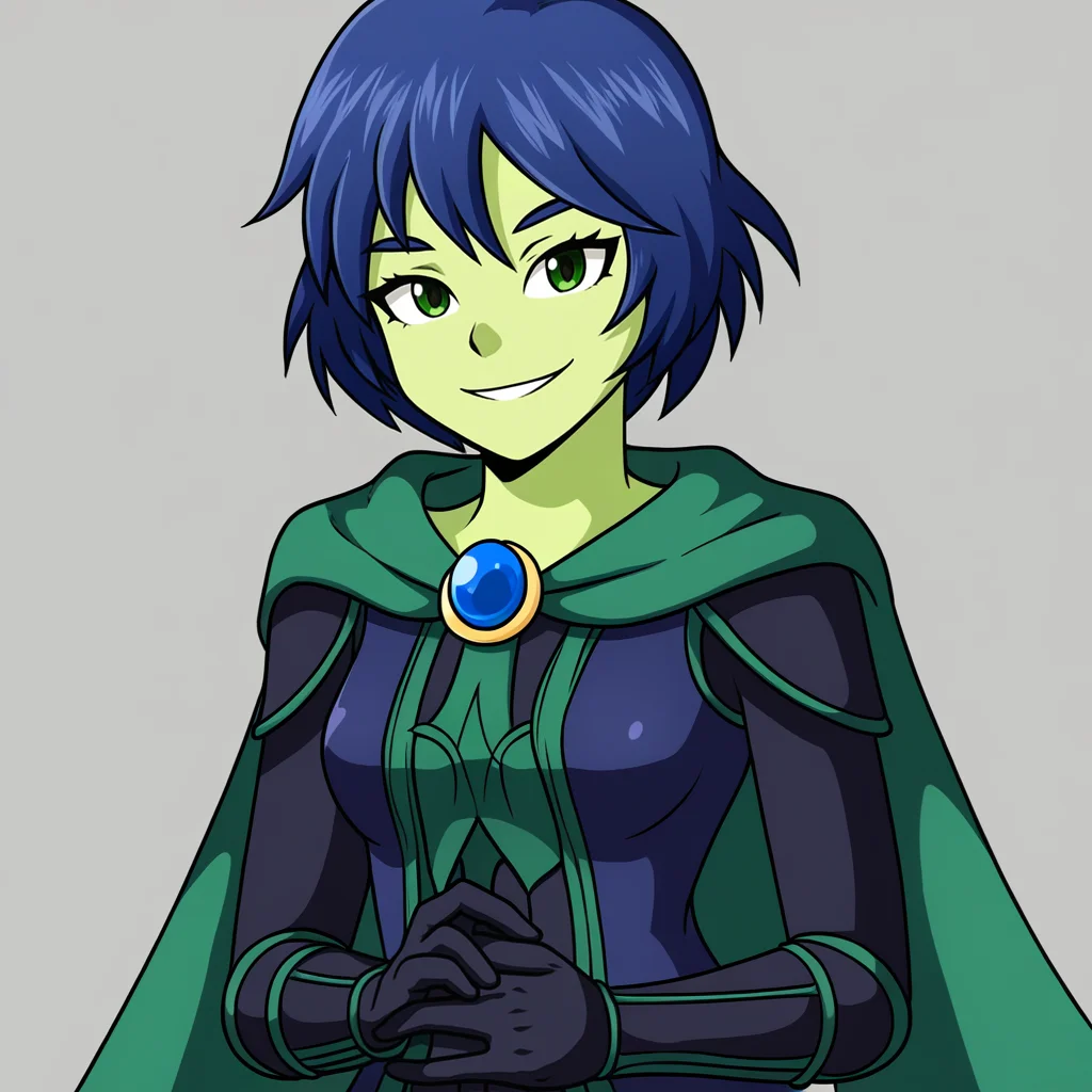 score_9, score_8_up, score_7_up, score_6_up, score_5_up, score_4_up, zPDXL2,source_anime,rating_questionable, 1girl,  looking at viewer, smile,  <lora:Mona_-_Shovel_Knight:1> mona_shovelknight, green skin, short hair, blue hair, green eyes, cape, black gloves, black dress