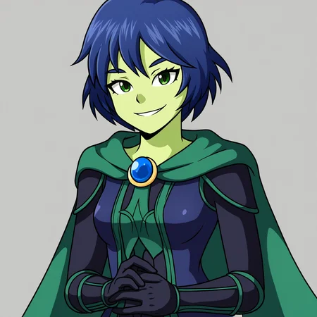 score_9, score_8_up, score_7_up, score_6_up, score_5_up, score_4_up, zPDXL2,source_anime,rating_questionable, 1girl, looking at viewer, smile, <lora:Mona_-_Shovel_Knight:1> mona_shovelknight, green skin, short hair, blue hair, green eyes, cape, black gloves, black dress