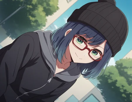 score_9, score_8_up, score_7_up, source_anime,
akanekurokawa, <lora:akane-kurokawa-s1-ponyxl-lora-nochekaiser:1>,
akane kurokawa, bangs, green eyes, blue hair, medium hair, dark blue hair,
long sleeves, hat, jacket, glasses, hood, black jacket, black headwear, hoodie, hood down, red-framed eyewear, beanie,
outdoors, street, bent over, smile,
looking at viewer, cowboy shot, dutch angle, solo,