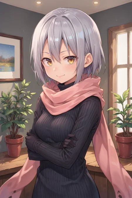 score_9, score_8_up, score_7_up, score_6_up, source_anime, BREAK, <lora:Zilva:0.65> , zildef, 1girl, short hair, grey hair, yellow eyes, scarf, pink scarf, (sweater dress), bodysuit under clothes, black gloves, looking at viewer, standing, cowboy shot, smile, closed mouth, indoors, living room, plants, clutter, <lora:g4l4xyXLP:0.5> , g4l4xy, galaxy, <lora:zy_Detailed_Backgrounds_v1:0.6> , detailed background, highly detailed,