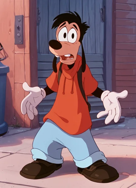 <lora:MaxGoofPony1.0:1.0>max, dog nose, male focus, animal ears, 1boy, solo, black hair, red hoodie, black eyes,teeth, white gloves, blue pants, score_9, score_8_up, score_7_up, score_6_up, score_5_up, score_4_up, looking at viewer, open mouth, outdoors, full body,