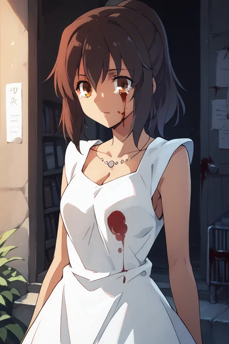score_9, score_8_up, score_7_up, , score_ANIME, ,fateshirley, 1girl, solo, brown hair, short ponytail, brown eyes, white dress, sleeveless, cleavage, cowboy shot, necklace, dark skin, , fire,, <lora:shirley_fate_pony:1>, blood on face, (blood on clothes:1.5), expressionless, tears, blood from mouth,