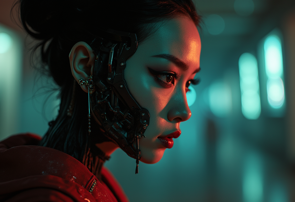  hybrid face  (geisha::1) (cyborg mask::1),  film, (predator jaws::1,2), (cyberpunk cyborg jaws::1,7 open::5), style by Yuri Shwedoff,Robert Zemeckis, Kim Ki-Duk, (by Tony Conrad::1.05) ,Biopunk, (by Hito Steyerl::1,15), shallow depth of field, vignette,  (Fujicolor Superia X-TRA 400::2) (Light tracing) (Dramatic lighting::2)