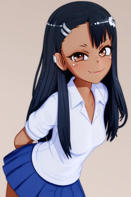 score_9, score_8_up, score_8, medium breasts, (curvy), cute, eyelashes, BREAK, nagatoro hayase, long hair, bangs, black hair, hair ornament, brown eyes, hairclip, fang, dark skin, dark-skinned female, tan, skirt, shirt, school uniform, white shirt, pleated skirt, nail polish, blue skirt, red nails, earclip, <lora:NagatoroHayasePDXL_v1:0.8>, smug, hands behind back, leaning forward, portrait, <lora:MantisStyle_PDXL_v2:0.8>, BREAK, smile, looking at viewer, cowboy shot, embedding:zPDXL, Expressiveh, <lora:SDXLFaeTastic2400:0.5>, <lora:Expressive_H-000001:0.4>,