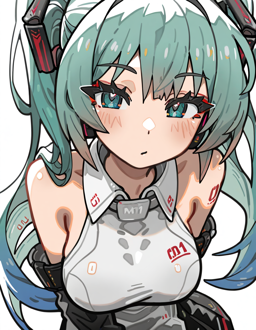 ruangang,breasts,looking at viewer,1girl,solo,simple background,white background,hatsune miku,<lora:ruangang-000014:1>,, masterpiece, best quality, very aesthetic, absurdres,newest, incredibly absurdres,
