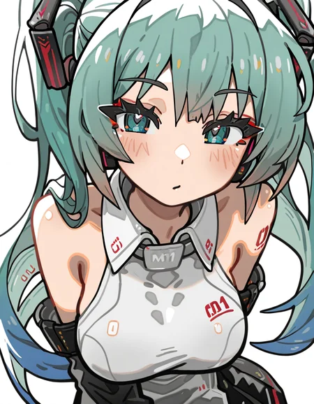 ruangang,breasts,looking at viewer,1girl,solo,simple background,white background,hatsune miku,<lora:ruangang-000014:1>,, masterpiece, best quality, very aesthetic, absurdres,newest, incredibly absurdres,