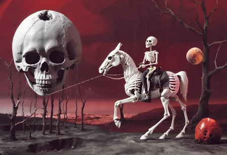 skeleton-pirate riding a pony, holding a cannon. Background is a red mars planet, black and white, red palette, creepy, unsettling, lynch style, surrealism <lora:lynchstyle_v0.0.2:1.3>