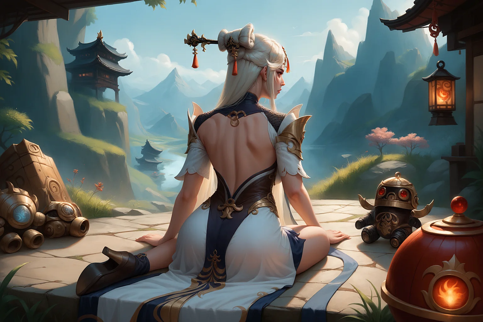 cl3r1c, score_9, score_8_up, score_7_up, 1girl, highly detailed, ningguang_(genshin_impact), genshin_impact, white_hair, red_eyes, rear view, lying, mech battle, giant robots, <lora:5h4rt:1.0>