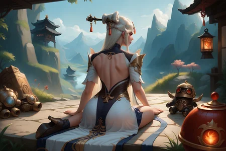 cl3r1c, score_9, score_8_up, score_7_up, 1girl, highly detailed, ningguang_(genshin_impact), genshin_impact, white_hair, red_eyes, rear view, lying, mech battle, giant robots, <lora:5h4rt:1.0>