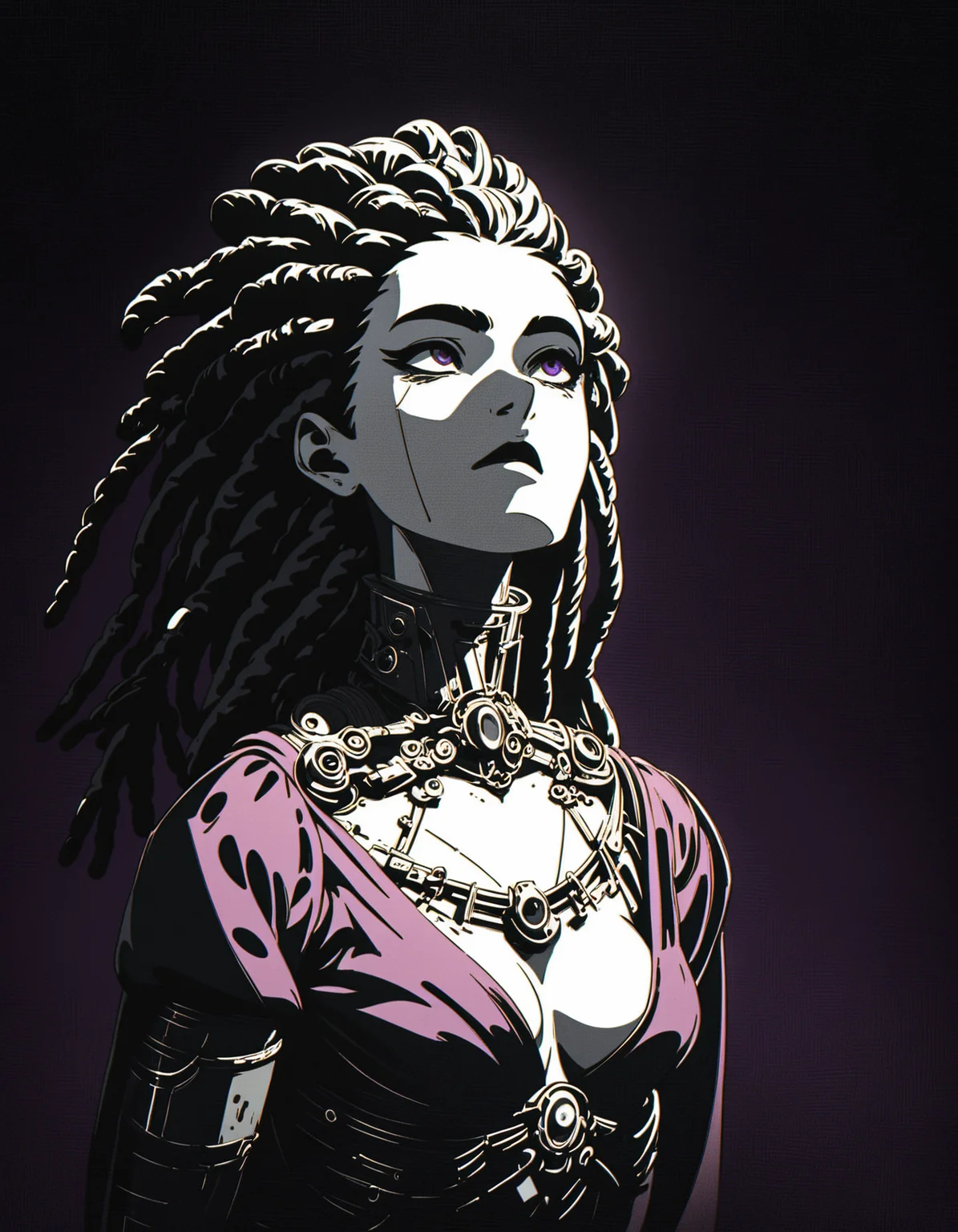 Silhouette style score_9, score_8_up, score_7_up, 80s-anime-ai, 1girl, futuristic shaman, looking up, ritual robe, cleavage, dreadlocks, halfmoon in background  <lora:Xenotrip_v.2:1> xenotr1p, colored,  grunge background, purple theme, black theme,  <lora:43stl1ght1ngXLP2:0.7> 43stl1ght1ng, low light, dramatic lighting, darkness, spotlight, lensflare, lensleaks, (scanlines, chromatic aberration, grain, film grain:1.4) volumetric fog, light rays, godrays  . High contrast, minimalistic, black and white, stark, dramatic