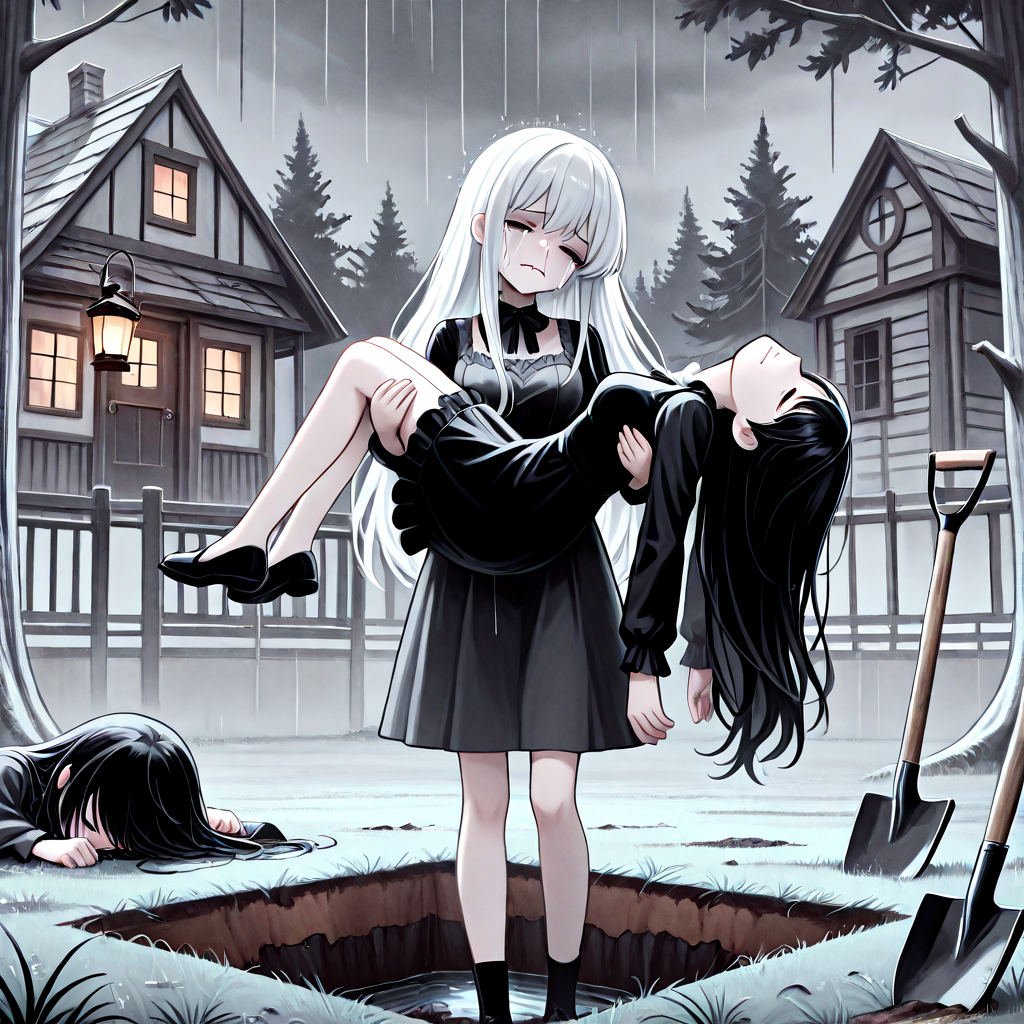 absurdres, explicit, grave digging, hand on ground, princess carry, 2girls, sleeping, carrying, crying, tears, sad, breasts, closed eyes, closed mouth, pale skin, long hair, black hair, white hair, gothic dress, bangs, tree, grass, death, corpse, victorian, house, building, oil lamp, lantern, shovel, fog, smog, grey sky, head tilt, rain, water drop, from below, low angle, wide shot, looking back, from behind, ((biting own lip)), ((leaning back)), <lora:girlhategravedigging_ilxl:0.8>