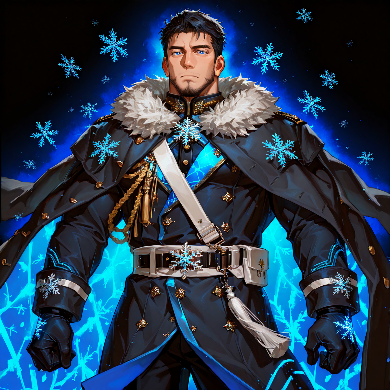 <lora:Edwin__Alchemist_Code-000004:.7>, tagatameedwin, 1boy, black hair, dark blue eyes, short hair, solo, male focus, manly, bara, mature male, muscle body,  fur trim, snowflakes pin, coat, aiguillette, shirt, sash, gloves, glowing pattern, tassel, pants, boots,
cowboy shot, 
(very short hair, beard, bara, mature, facial hair, stubble, beard, full beard, sideburn, beard, a lot of beard, ), facial hair,male focus, muscular male, muscular male, bara, mature,  bara, mature, aixiwuganda_(20222192), very awa, masterpiece, best quality, absurdres, newest, perfect quality, detailed background, intricate details,
<lora:slider_Body Type_alpha1.0_rank4_noxattn_last:3><lora:Anime Summer Days 2 Style SDXL_LoRA_Pony Diffusion V6 XL:.6><lora:slider_cfg_scale_boost:.7><lora:Artist6p:.55>, Artist6p, Artist04p,<lora:slider_il_brightness_slider_d1:-1><lora:slider_il_contrast_slider_d1:-1><lora:slider_DarkSlider1.2_alpha1.0_rank16_full_300steps:-.6><lora:slider_contract_controller_illus01_v1:.5>,