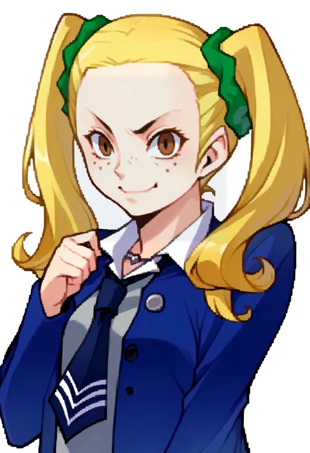 score_9, score_8_up, score_7_up, source_anime, BREAK, solo, 1girl, smile, looking at viewer, <lora:zs_DevilSurvivorPortraitsXL:1>, devilsurvivorportraits, portraits, white background, <lora:Ayase-pdxl_Fp:0.9>, ayasep1, twintails, blonde hair, brown eyes, freckles, scrunchie, school uniform, necktie, blue jacket, closed mouth,