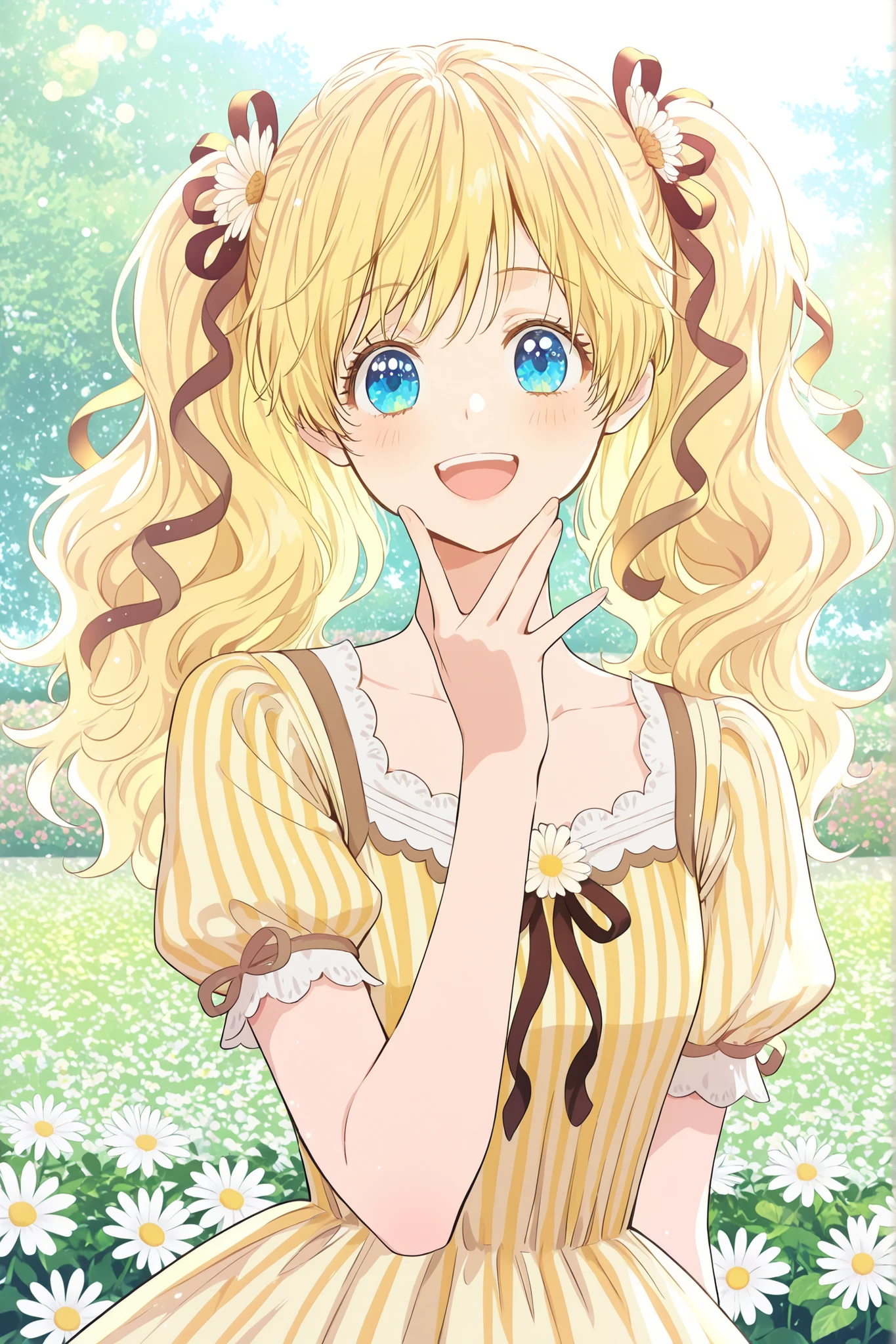 masterpiece, best quality, absurdres, high quality, vibrant colors, cheerful atmosphere,
yellowfloraldress, 1girl, solo, athanasia, blonde hair, blue eyes, long hair, twintails, wavy hair, , hair ribbon, brown ribbon, hair flower, white flower, daisy, yellow dress, floral pattern, dress, short sleeves, puffy sleeves, striped sleeves,
looking at viewer, bright smile, happy expression, laughing lightly, delicate features,
sunlight, warm lighting, bright day, outdoors, garden, flower field, detailed background, blurred background, bokeh,
portrait
