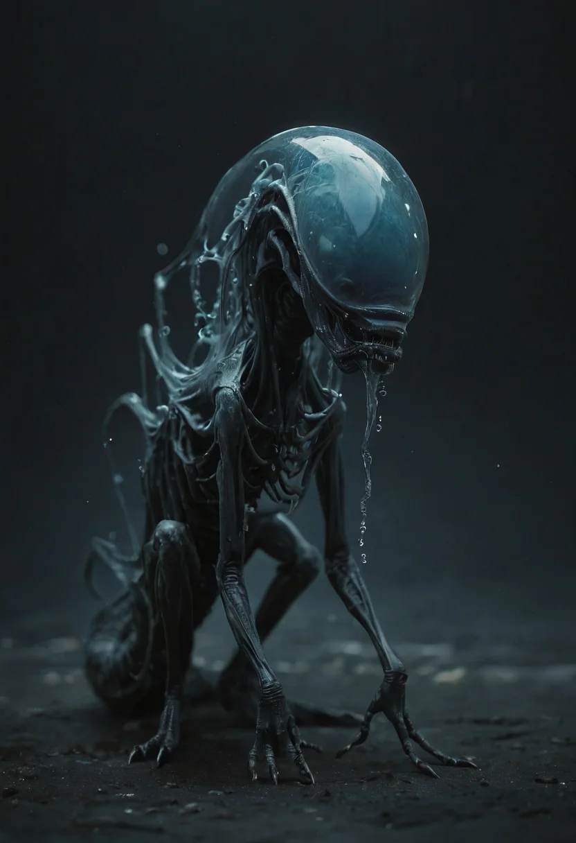 big black eyes, monster, water creature|(xenomorph:0.2), (blue transparent skin), cinematic, dark background,, .score_9, score_8_up, score_7_up,score_6_up, rating_safe