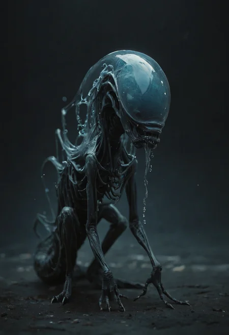 big black eyes, monster, water creature|(xenomorph:0.2), (blue transparent skin), cinematic, dark background,, .score_9, score_8_up, score_7_up,score_6_up, rating_safe
