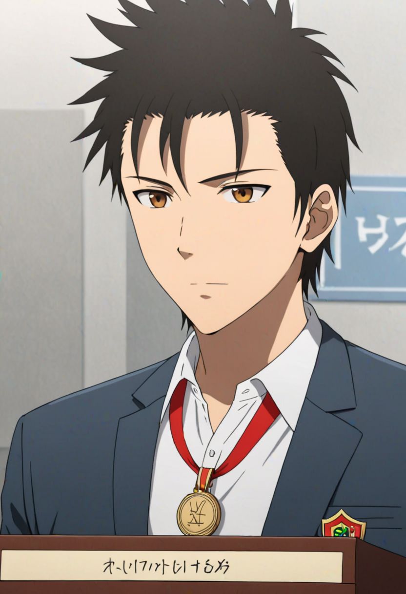Highres, Masterpiece, High Quality, 4K, 8K, solo, 1Boy, Soujirou Agata, brown eyes, black hair, smart, 1st place, podium, winner, game, competition, easynegative, detailed_eye_model
