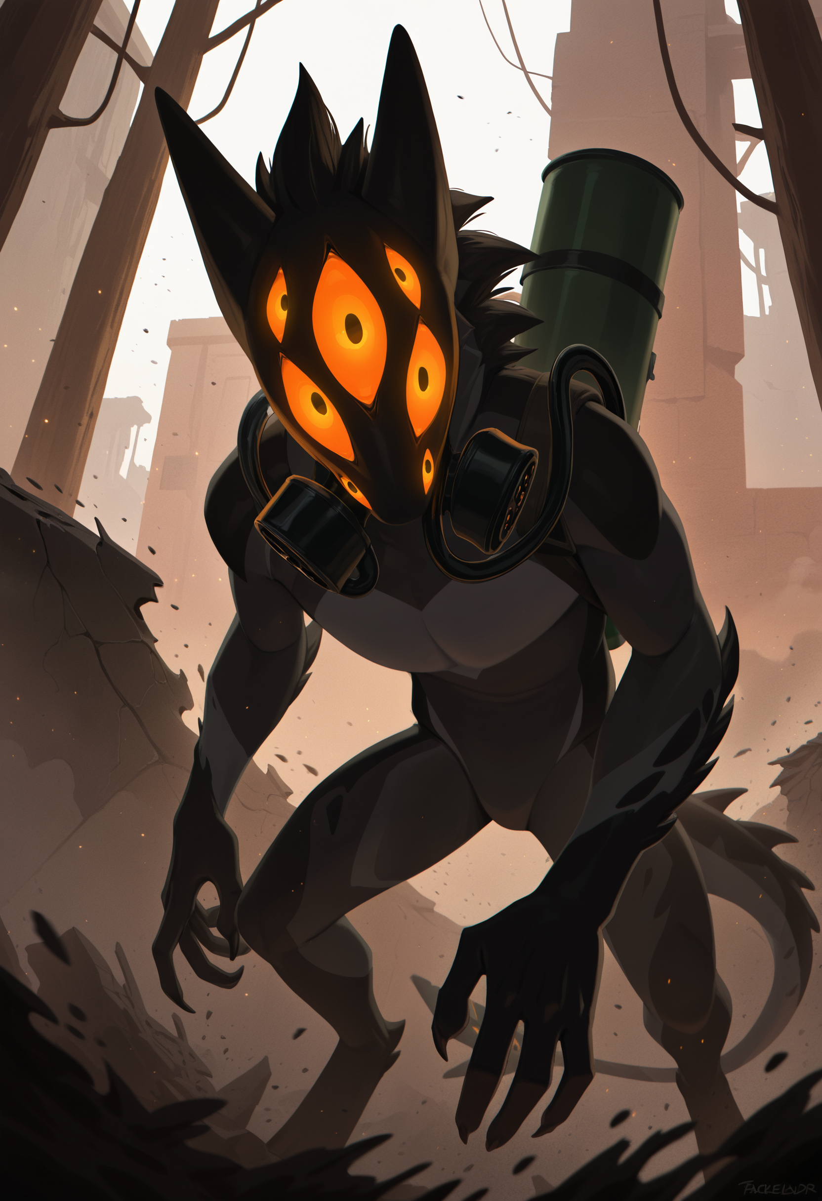 photorealism, photorealistic, chromatic aberration, depth of field, detailed background, eye reflections, reflections, detailed body,   dutch angle, male, solo, 1boy, adult, male focus, tail, male focus, looking at viewer, j3rry_cos, extra eyes, (anthro, furry:1.15), no humans, solo, glowing eyes, (close up, radiation, ashes, dust, worried, wastelands, zombie apocalypse, chemical protection, gas mask, oxygen tank, infection, particles, broken cars, devastation, destruction, withered plants:1.05), standing, front vire,   masterpiece, best quality, amazing quality, very aesthetic, absurdres, newest,   (artist:syuro:0.8), (artist:nomax:0.5), (artist:honovy:0.6), (artist:kenket:0.6), (artist:taran fiddler:0.6),   <lora:Jerry_Creatures_Of_Sonaria_Illustrious:1.0>,