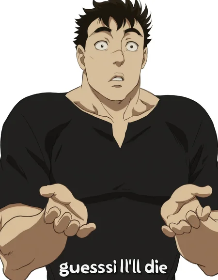 upper body, solo, perfect composition, <lora:anime_screencap-Illustrious:0.65> anime screencap, anime coloring, very aesthetic, absurdres, zPDXL, <lora:Pony_DetailV2.0:0.5> <lora:illustrious_quality_modifiers_masterpieces_v1:1>
<lora:G1t5:1> g1t5, 1boy, male focus, looking at viewer, confused, defined lips, hands up,
black shirt,
white background, simple background, <lora:Gues-Ill-Die-IL.V1.0:0.8> Gues-I'll-Die-IL.V1.0, Gues-I'll-Die-IL.V1.0-Wth-text, text, English text, \(Guess I'll Die\), Gues I'll Die text,