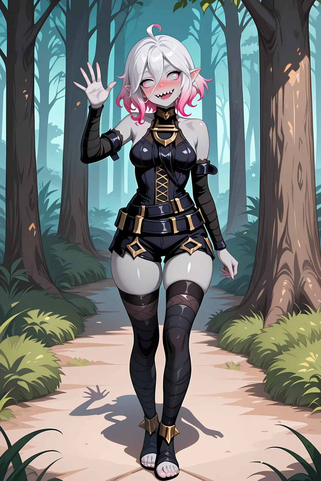 masterpiece,best quality,amazing quality, BriarLoLILXL, grey skin, colored skin, no pupils, grey eyes, pink sclera, white hair, pink hair, two-tone hair, gradient hair, short hair, hair between eyes, ahoge, pointy ears, sharp teeth, medium breasts, bare shoulders, black thight dress, detached sleeves, black bandaged sleeves, black shorts, belt, (black bandaged legwear), toeless legwear, solo, full body, standing, waving, seductive smile, looking at viewer, naughty face, nose blush, forest, tree <lora:BriarLoLILXL:1>