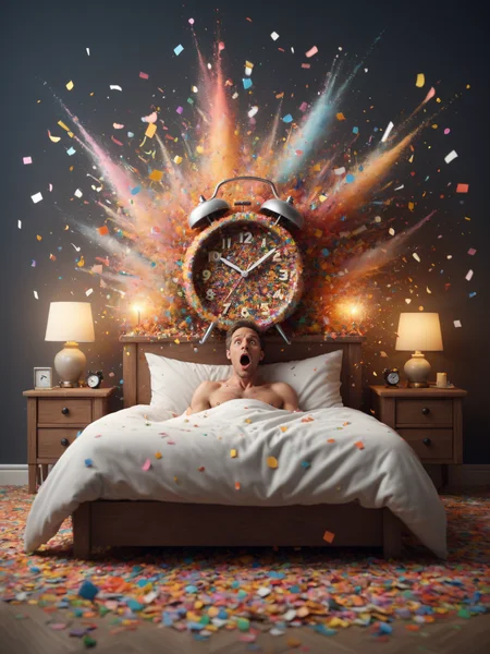 man lies in bed, shocked face, alarm clock on night stand mad-confetti-explosion, bed room<lora:Confetti_Explosion_SDXL:0.6>, (masterpiece:1.2), best quality, (hyperdetailed, highest detailed:1.2), high resolution textures
