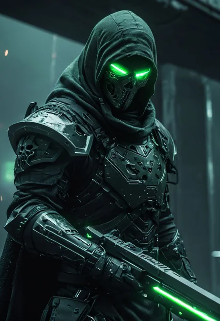 1man, Nightstalker, hiding in the shadows, ready for battle, roguish modern warrior, sleek, glowing green eyes, tactical goggles, skull mask, looking at viewer, ultra high quality, intricate and detailed color, 2.5D, overcast night, dark skies, techwear, futuristic, tactical, sleek, dark, highly detailed, hkstyle, holding a green glowing combat knife, 8k, UHD, HDR, unreal engine,