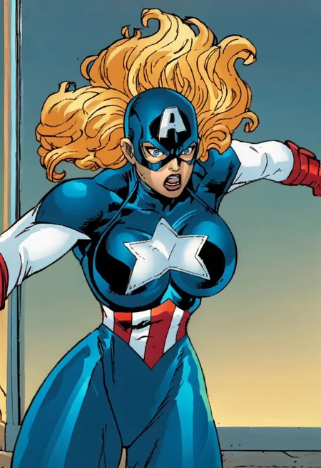 safe_pos, score_9_up, score_8_up, score_7_up, realistic, detailed,8k, 1girl, solo, American Dr3am, mask,blonde hair, long hair,wavy hair, blue eyes,huge breasts, bodysuit,gloves, wide hips, ,heroic proportions, hourglass body, surprised, wide eyes, seductive eyes, mansion interior, standing, action pose, SCHDeathStar,<lora:SCHDeathStar_epoch_5:0.8>, cartoon, official art, official style, source_anime, anime coloring(anime_screencap), anime, animated, shiny skin