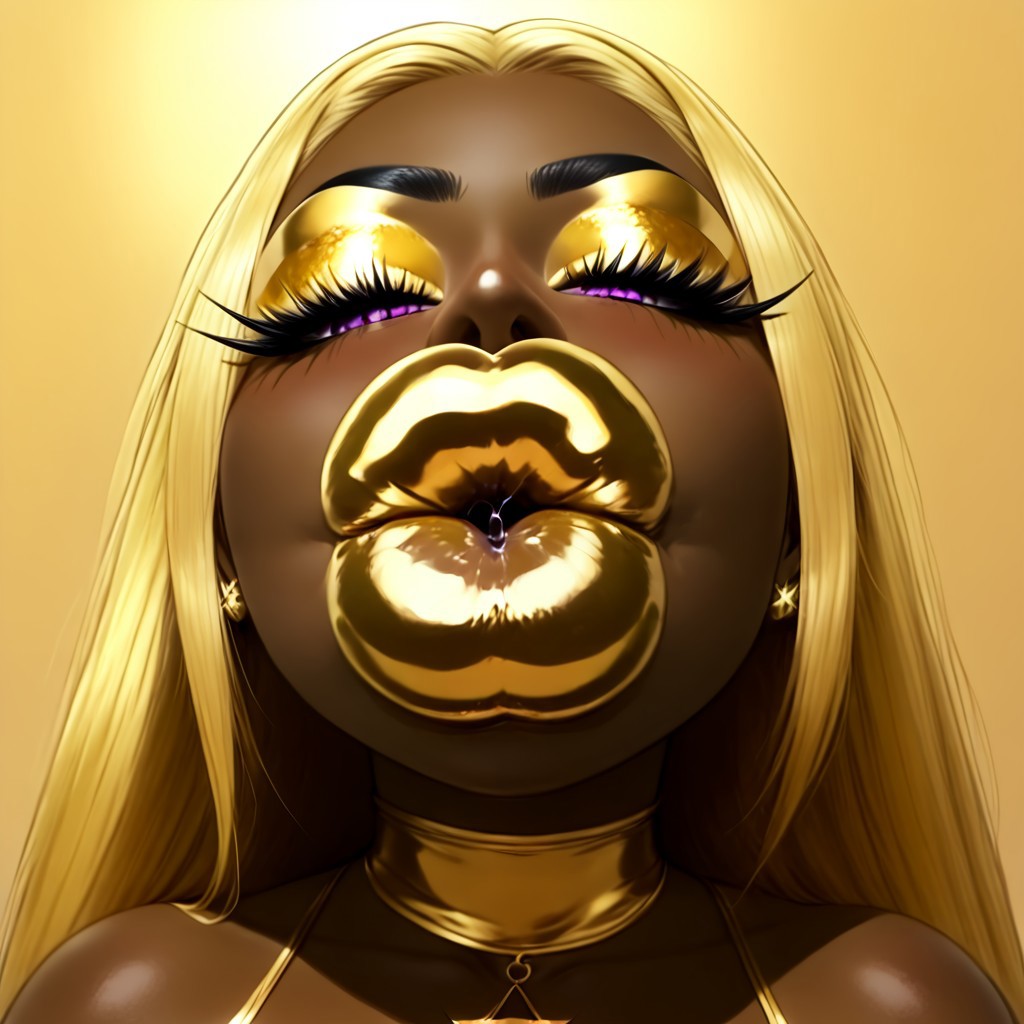 score_9, score_8_up, by albatross,  world_of_warcraft, star vs the forces of evil, ((big lips:1.2, thick lips:1.3)), gold lipstick, femboy, goblin, dark skin, solo, detailed, very long nails, good facial anatomy, kiss pov, extreme kissing,  saliva, sloppy kiss, very long hair, makeup, eyeshadow, gold eyeshadow, gold lipstick, kiss mark on lens, arms around viewer, tube dress,
