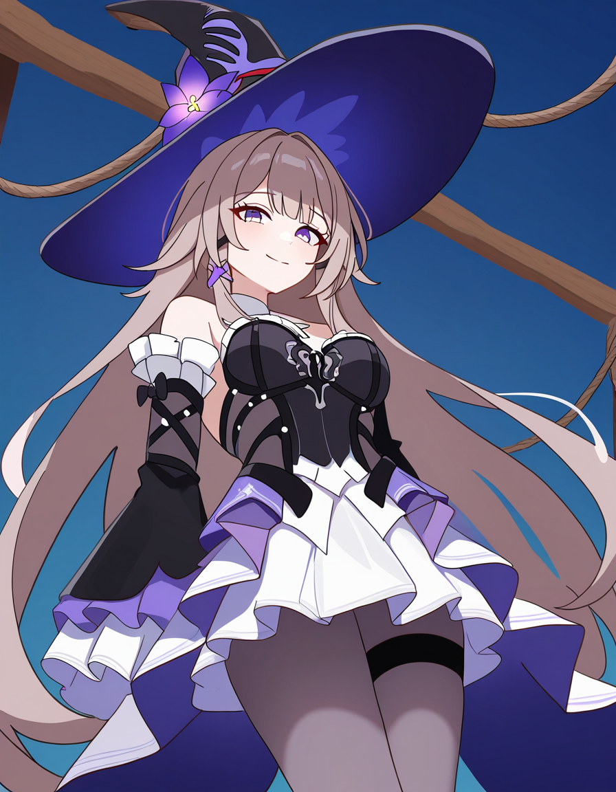 masterpiece, best quality, newest, absurdres, highres, safe,, <lora:the-herta-illustriousxl-lora-nochekaiser:1>, the herta, the herta (honkai: star rail), brown hair, long hair, purple eyes, medium breasts,, bare shoulders, black dress, black hat, detached sleeves, hat, hat flower, hat ornament, long sleeves, pantyhose, witch hat, rope bridge, wood, rope, suspension, height, , smile, looking at viewer, solo,, cowboy shot, solo