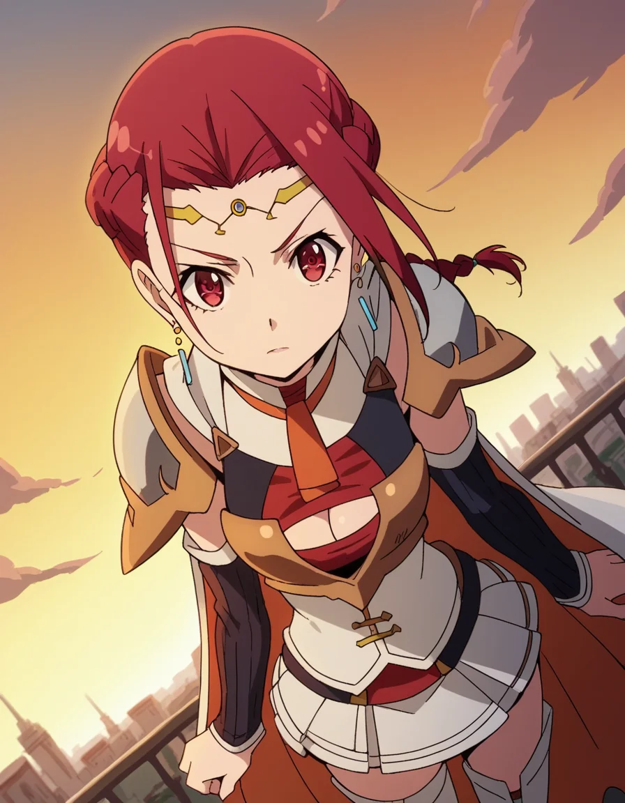 score_9, score_8_up, score_7_up, source_anime, <lora:pina-co-lada-s1s2-ponyxl-lora-nochekaiser:1>, pina co lada, short hair, red eyes, red hair, braid, single braid, braided ponytail, medium breasts,, skirt, thighhighs, cleavage, jewelry, earrings, detached sleeves, cape, armor, cleavage cutout, circlet,, rooftop, sunset, cityscape, quiet moment, wind blowing, contemplative, , looking at viewer, from above,, solo,, cowboy shot, dutch angle