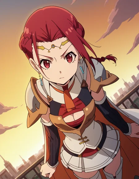 score_9, score_8_up, score_7_up, source_anime, <lora:pina-co-lada-s1s2-ponyxl-lora-nochekaiser:1>, pina co lada, short hair, red eyes, red hair, braid, single braid, braided ponytail, medium breasts,, skirt, thighhighs, cleavage, jewelry, earrings, detached sleeves, cape, armor, cleavage cutout, circlet,, rooftop, sunset, cityscape, quiet moment, wind blowing, contemplative, , looking at viewer, from above,, solo,, cowboy shot, dutch angle