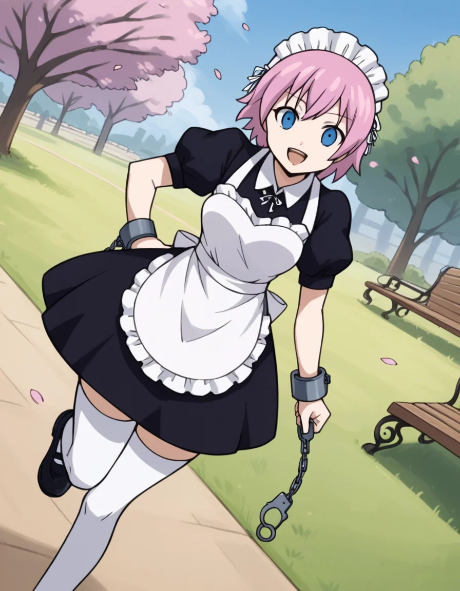 score_9, score_8_up, score_7_up, source_anime, <lora:fairytail-virgo-s7-ponyxl-lora-nochekaiser:1>,, maid virgo, short hair, bangs, blue eyes, pink hair, thighhighs, dress, short sleeves, shoes, puffy sleeves, black footwear, apron, black dress, white thighhighs, puffy short sleeves, zettai ryouiki, maid, maid headdress, white apron, maid apron, cuffs, enmaided, handcuffs,, park, cherry blossoms, bench, gentle breeze, peaceful, running, open mouth,, smile, looking at viewer, hand on hip, solo,, cowboy shot, dutch angle